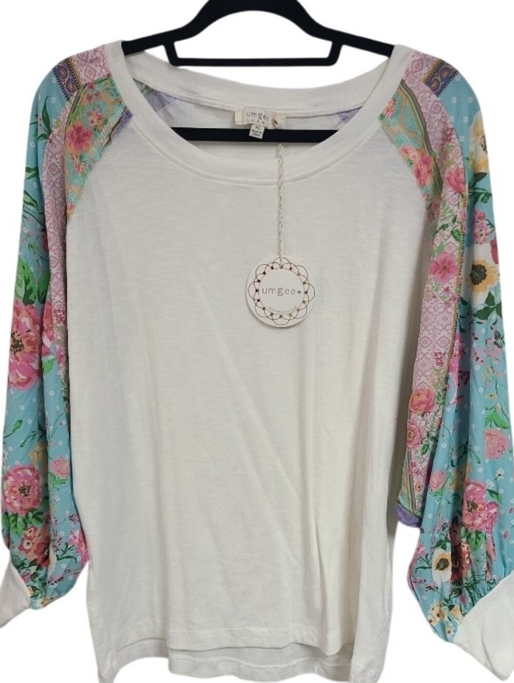 UMGEE+ Women's FLORAL Top Raglan Sheer Sleeves Knit Boho Colorful XL NWT